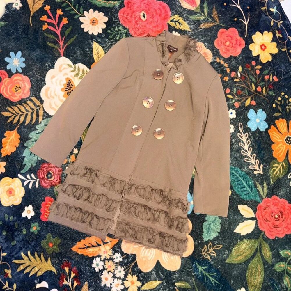 Multiples Size M Taupe Brown Faux Fur Trim Ruffle Hem Blazer